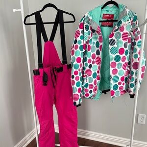 O'Neill Mint, Pink & Teal Polka Dot Ski Jacket & Pans
